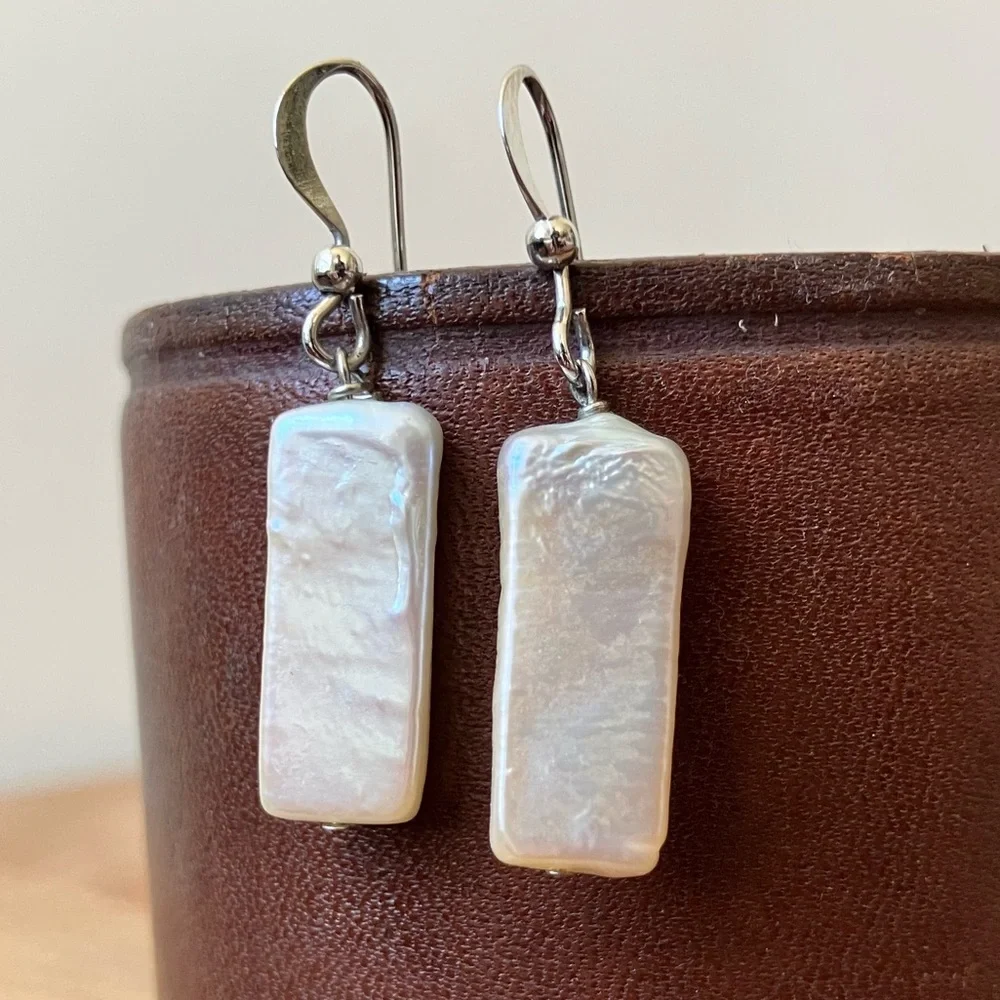 Vintage Rectangle Biwa Pearl Pendant Dangle Earrings